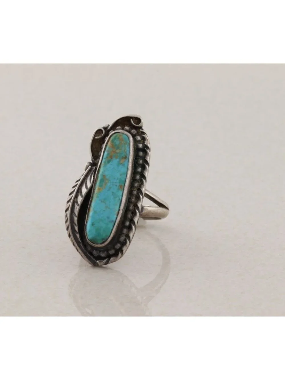 Sterling Silver Natural Oval Turquoise Ring Leaf Design Size 6 1/2 - Picture 4 of 6
